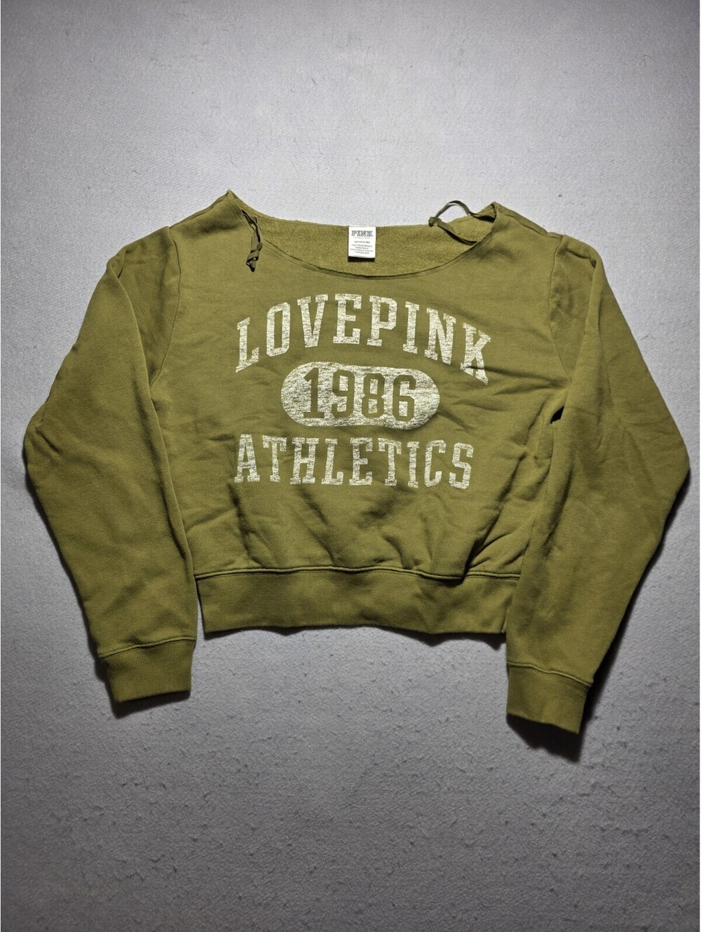 Victoria's Secret PINK Love Pink 1986 Athletics Crop Sweatshirt Olive Green Sz S